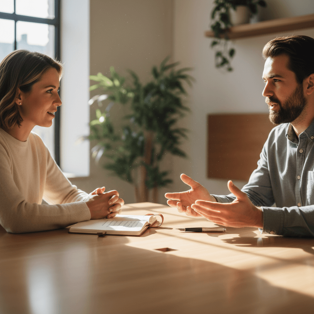 Two professionals engaged in a coaching conversation