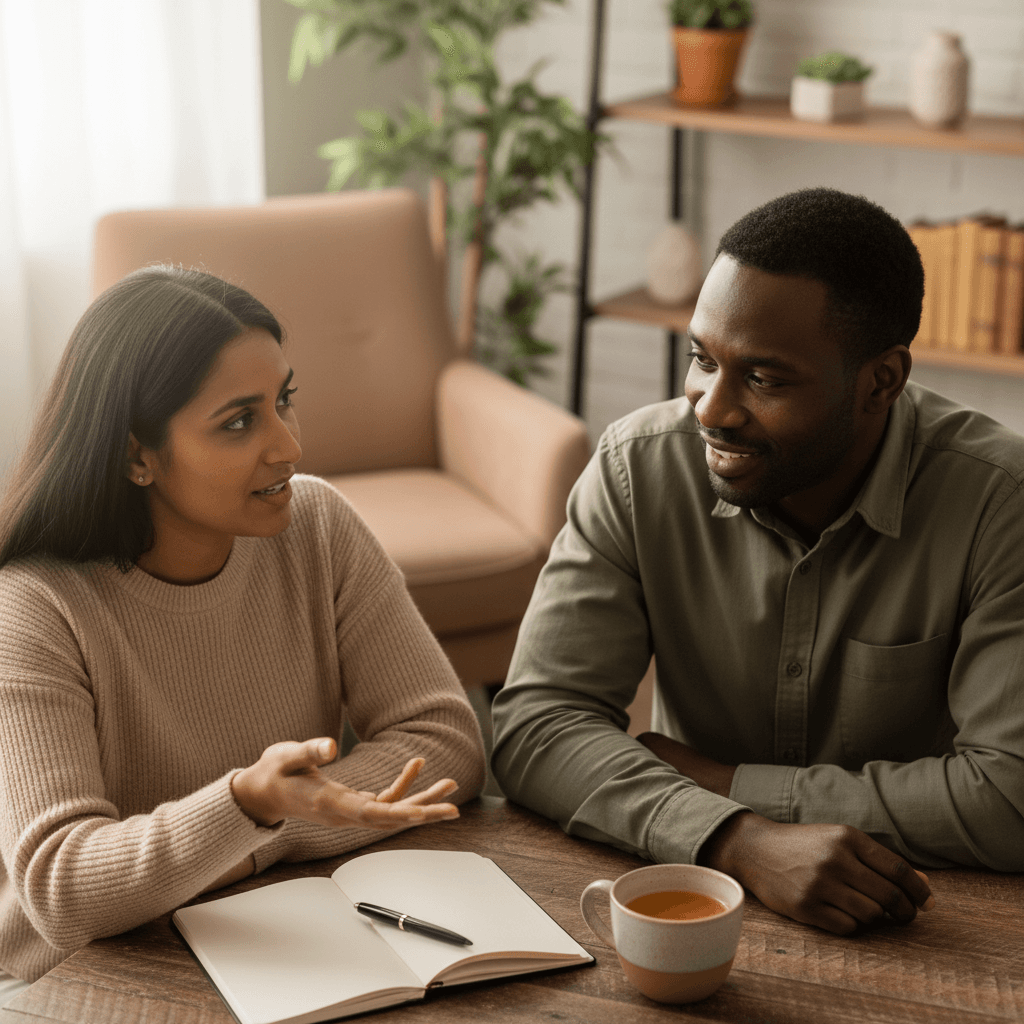 Professional coaching conversation between mentor and client in Dundee office setting