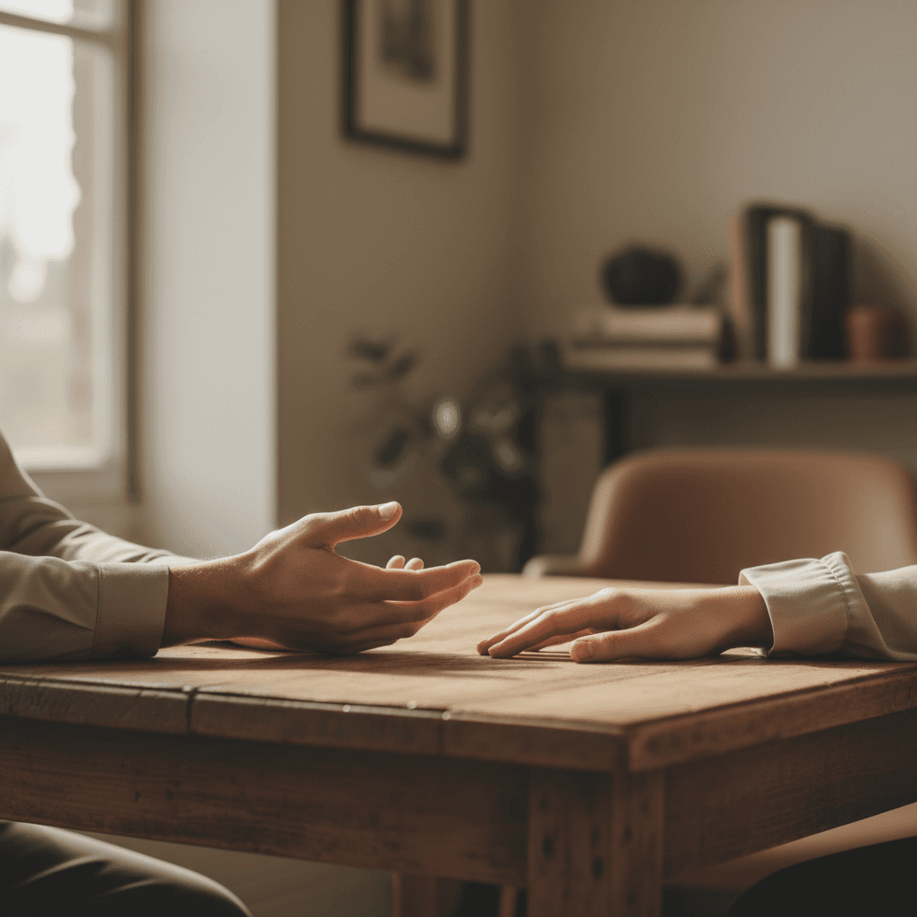 Professional coaching session between two people in a calm, welcoming office setting